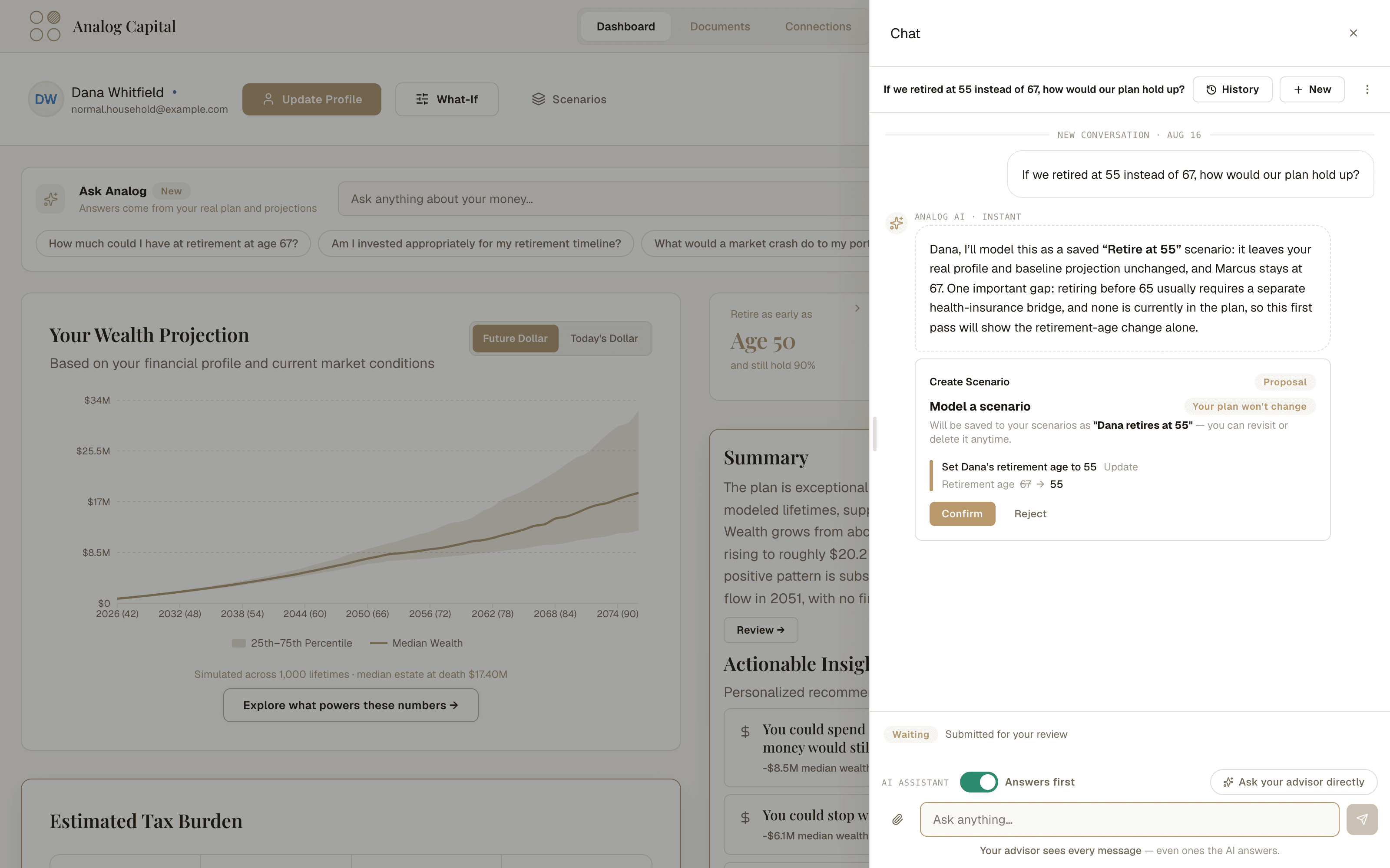 A chat exchange where the assistant reads the plan and proposes a saved retire-at-55 scenario
