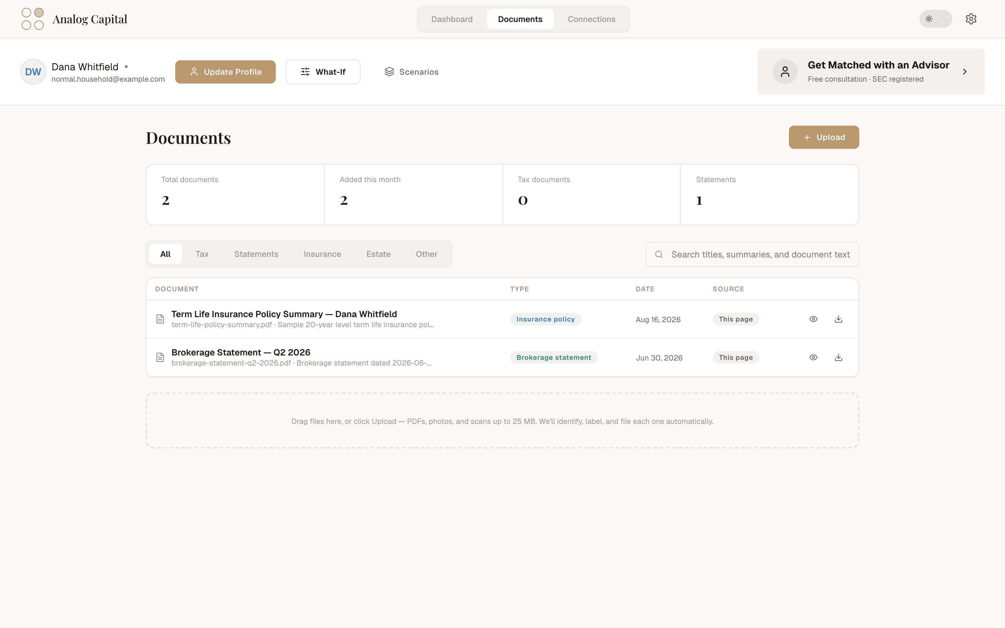 Documents page with uploaded statements identified, labeled, and filed
